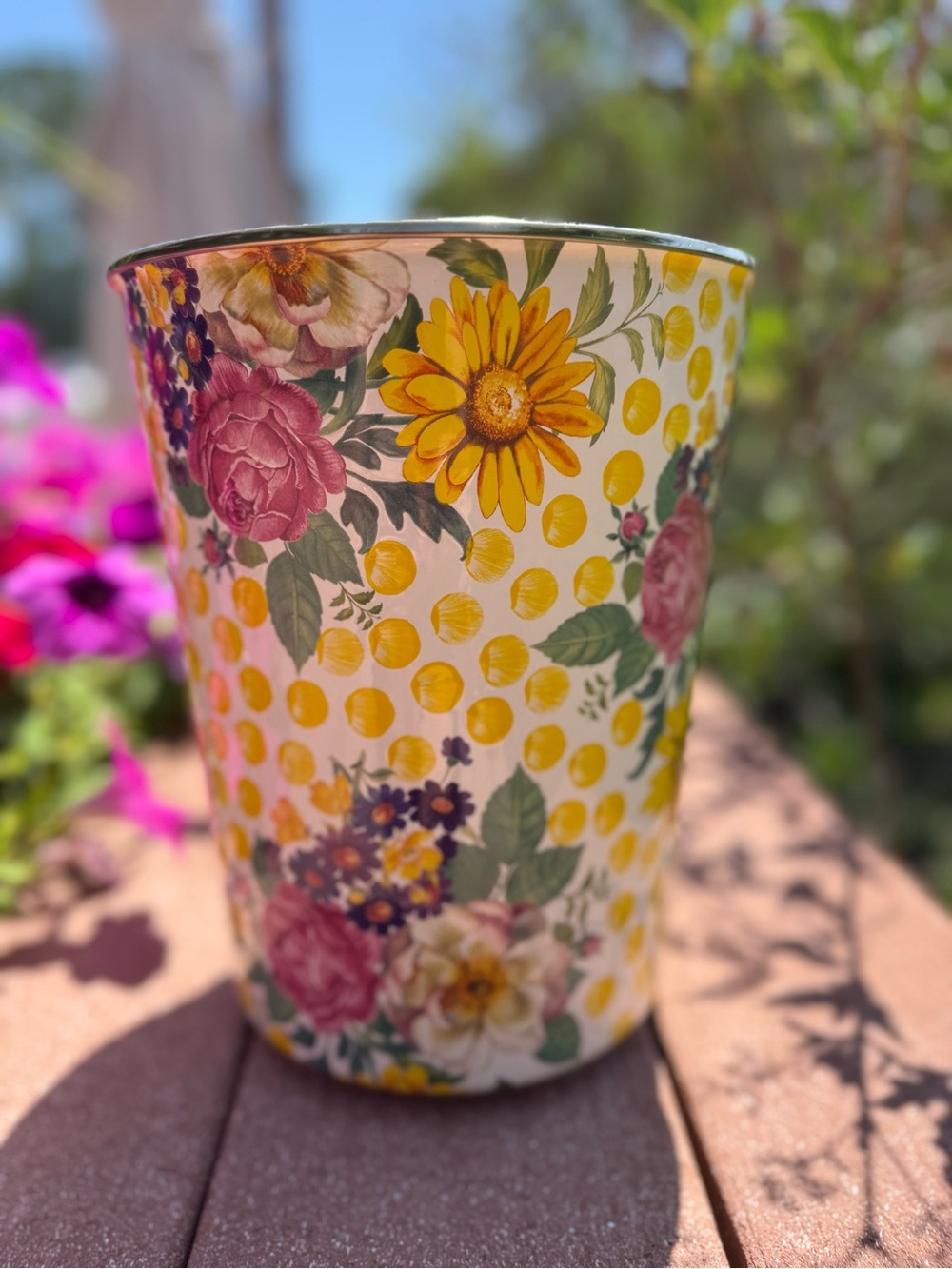 MacKenzie Childs Buttercup Enamelware Trash Can or Waste Bin.